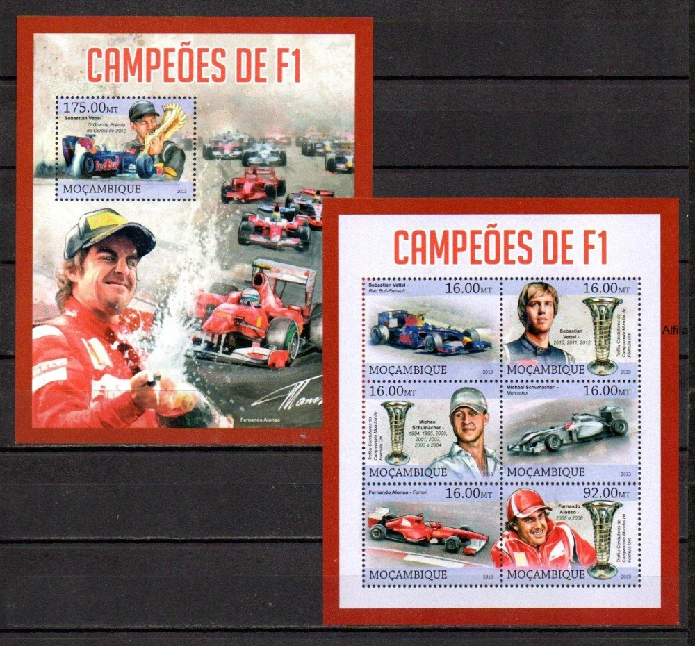 Mosambik známky, Alonso, Formule 1, Schumacher