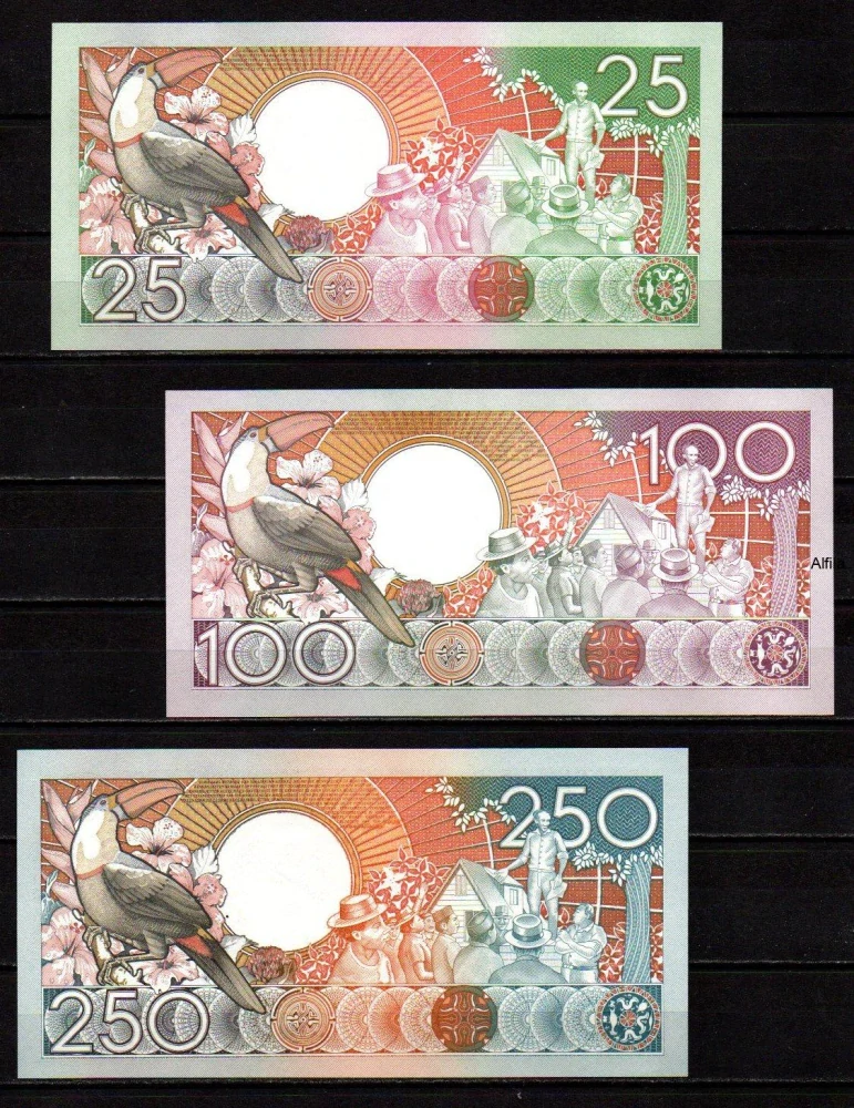 Surinam 25 100 250 Gulden 1986-88 UNC sada P.132b,133a,134