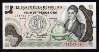 Kolumbie 20 Pesos oro 1982 UNC P.409d