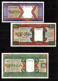 Mauritánie set 100,200,500 Ouguiya P.4,5,8 2002 UNC